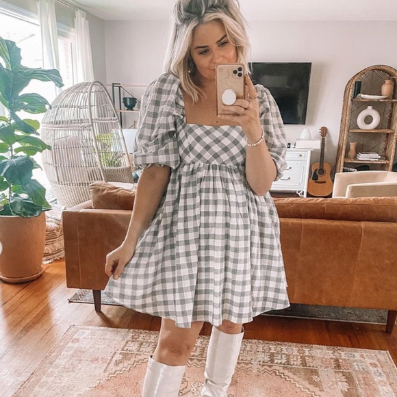 Storia Dresses & Skirts - Storia Gingham Puff Sleeve Square Neck Mini Dress